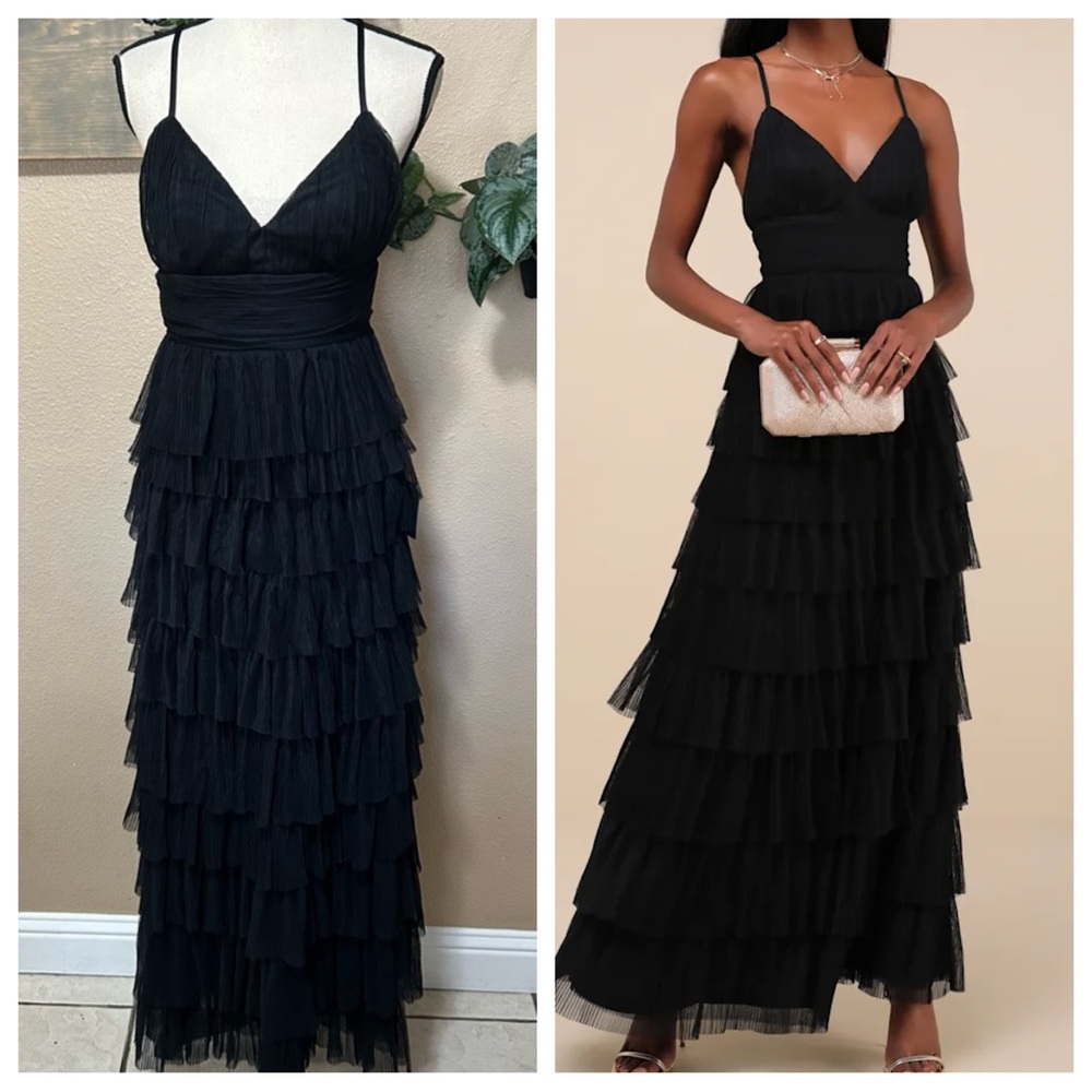 Lulus Radiant Event Black Mesh Tiered Pleated Backless Maxi Dress
